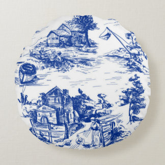 Blue French Toile  Rundes Kissen