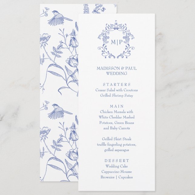 Blue French Vintage Victorian Menu  Menükarte (Vorne/Hinten)