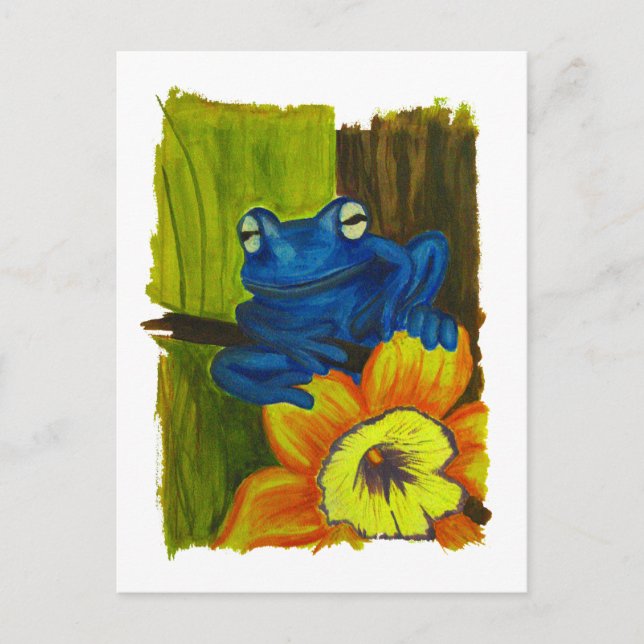 Blue frog relaxing on flower and tree branch postkarte (Vorderseite)