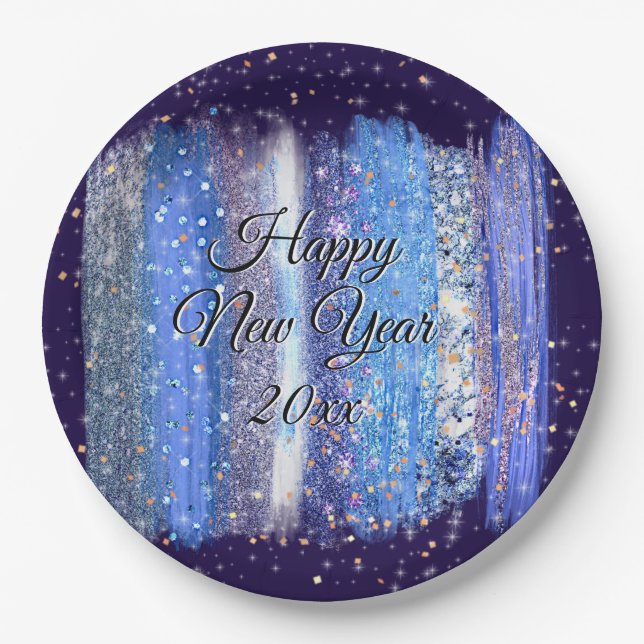 Blue Frosty Brush Schlaganfälle Happy New Year 20x Pappteller (Vorderseite)