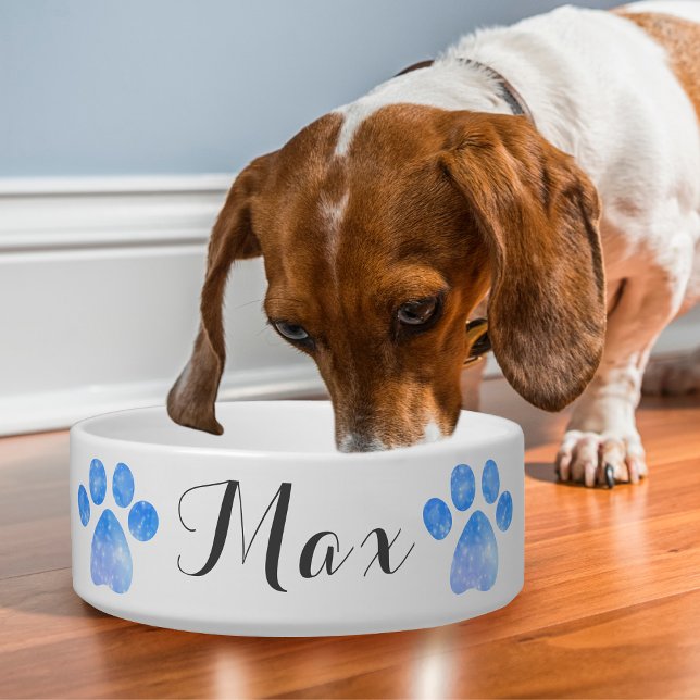 Blue Funkelnd Paw Print Personalize Dog Bowl Napf (This dog bowl is cheerful and fun with glittery blue paw prints on either side of your pet's name!)