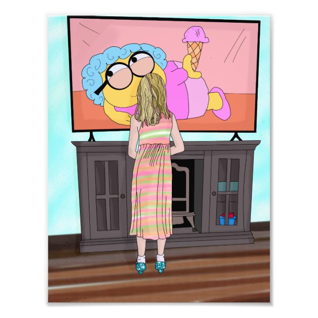 Blue Funkelnd Shoes | Little Girl Watching TV Fotodruck (Vorne)