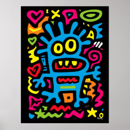 Blue Funky Alien - Neon Pop Art Quirky Monster Poster