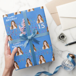 Blue Funny Custom Face Foto 15. Geburtstagsparty Geschenkpapier