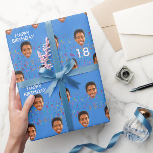 Blue Funny Custom Face Foto 18. Geburtstagsparty Geschenkpapier