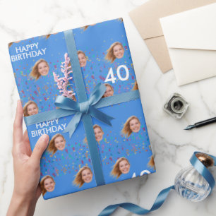 Blue Funny Custom Face Foto 40. Geburtstag Party Geschenkpapier