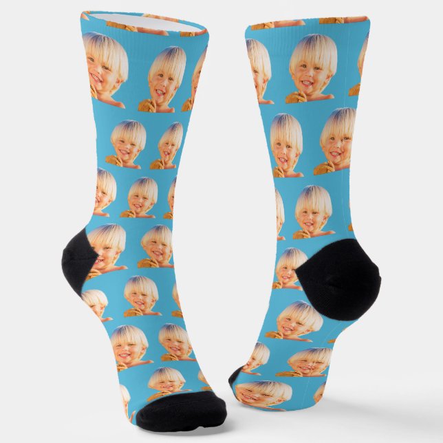 Blue Funny Custom Son Face Foto Crew Socken (Gewinkelt)