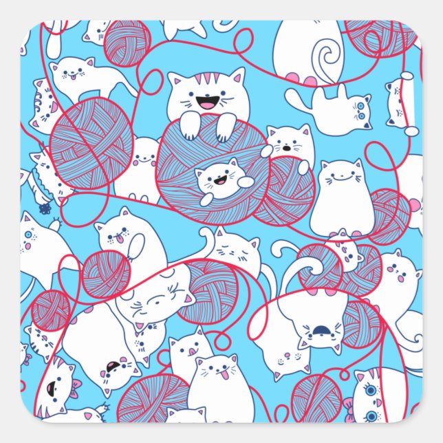 Blue Funny Niedlich Knitter Kitten Ball Quadratischer Aufkleber (Vorderseite)