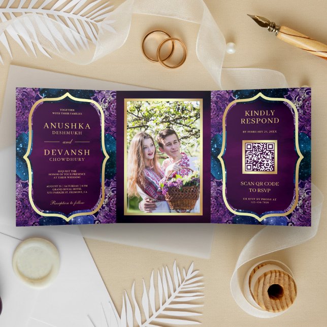 Blue Galaxy Lila Mandala QR Code Indian Wedding Dreifach Gefaltete Einladung (Von Creator hochgeladen)