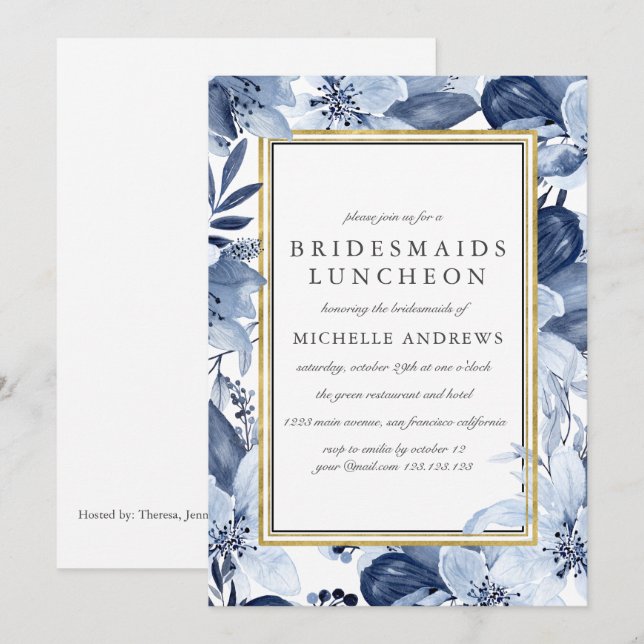Blue Garden Chic Bridesmaids Luncheon Wedding Einladung (Vorne/Hinten)