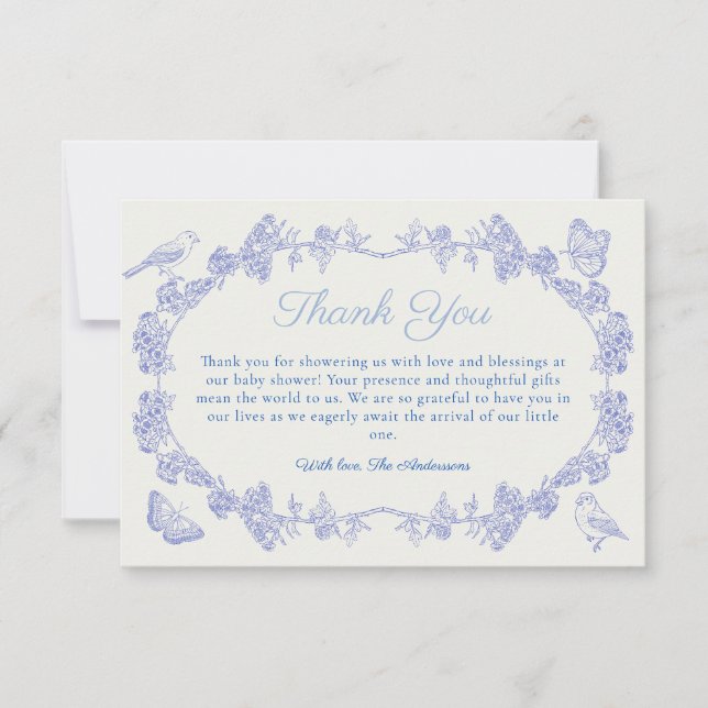 Blue Garden Chinoiserie Baby Dusche Danke Karte (Vorderseite)