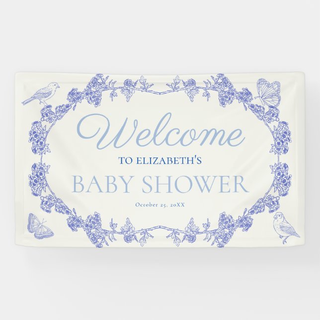 Blue Garden Chinoiserie Baby Dusche Empfang Banner (Horizontal)