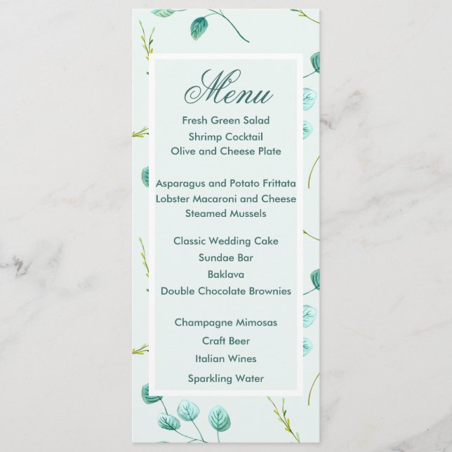 Blue Garden Watercolor Stiems Wedding Menu Menükarte (Vorderseite)