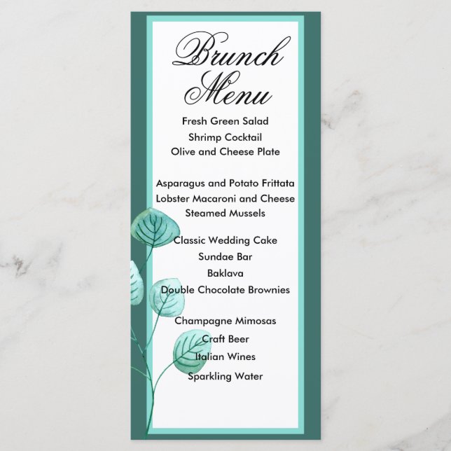 Blue Garden Watercolor Stiems Wedding Menu Menükarte (Vorderseite)
