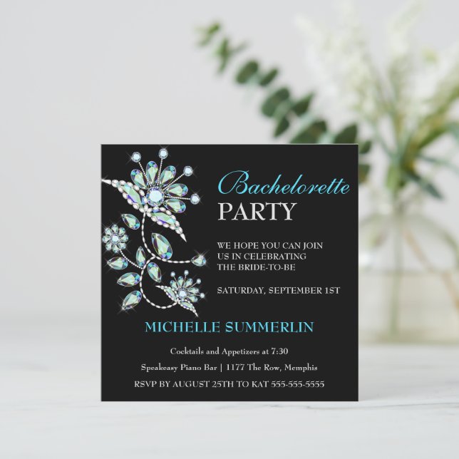 Blue Gems Floral Bachelorette Party Invitation (Debout devant)