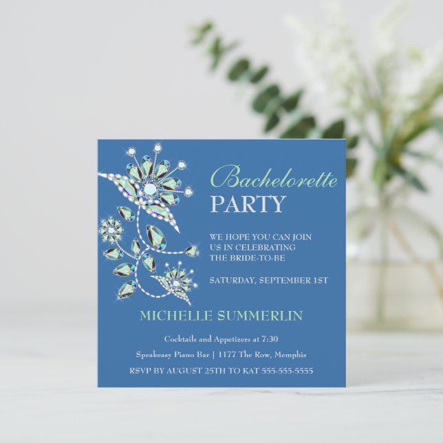 Blue Gems Floral Bachelorette Party Invitation (Debout devant)