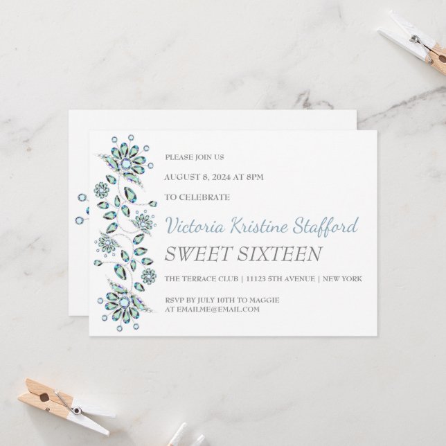 Blue Gems Floral Party Invitation (Devant/Arrière en situation)