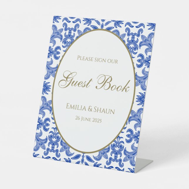Blue Gemustert Wedding Guestbook Sign Sockelschild (Vorderseite)