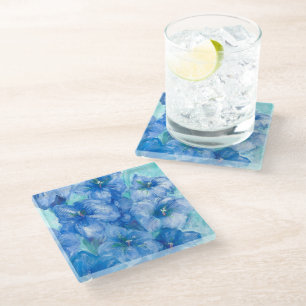 Blue Gentian Wildblume Painting Square Glasuntersetzer