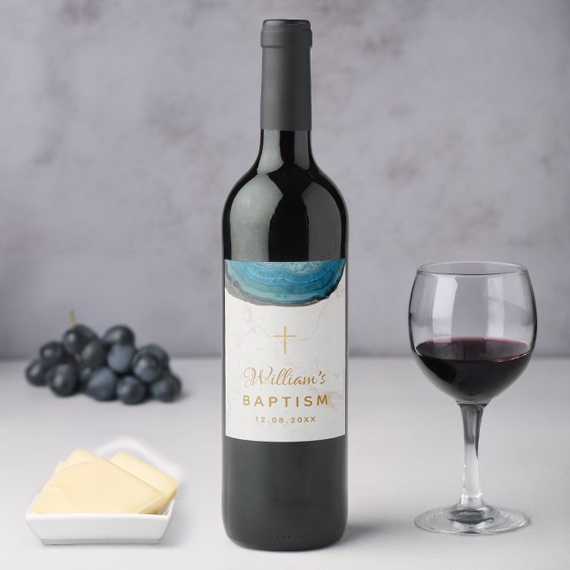 Blue Geode Boy Taufe Marble Gold Cross Agate Weinetikett (Von Creator hochgeladen)