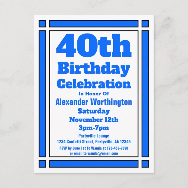 Blue Geometric 40. Geburtstag Einladung Postkarte (Vorderseite)