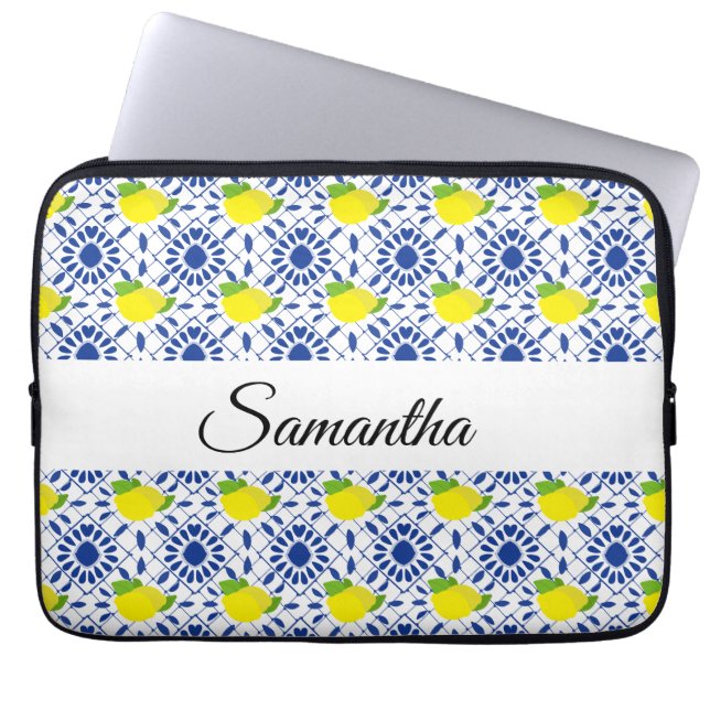 Blue Geometric Lemon Tile Laptopschutzhülle (Vorderseite)