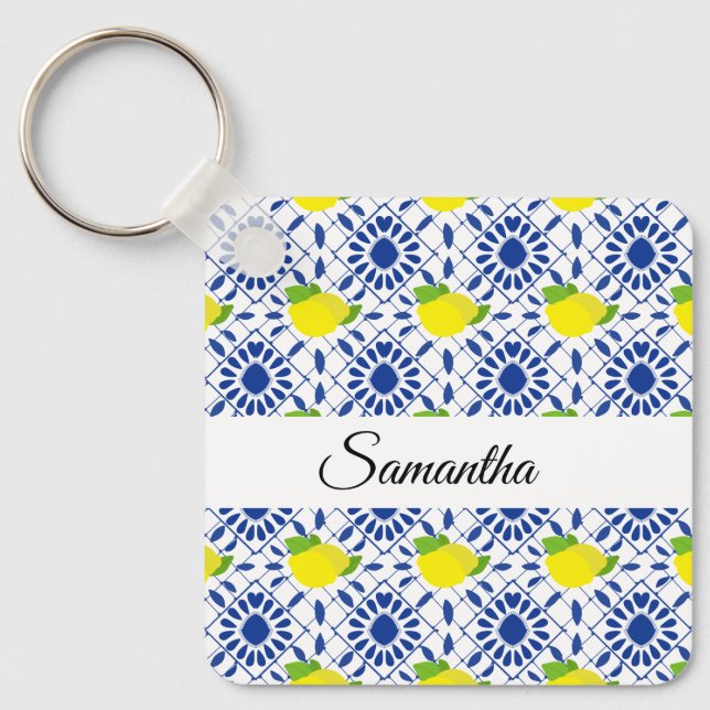Blue Geometric Lemon Tile Schlüsselanhänger (Vorderseite)