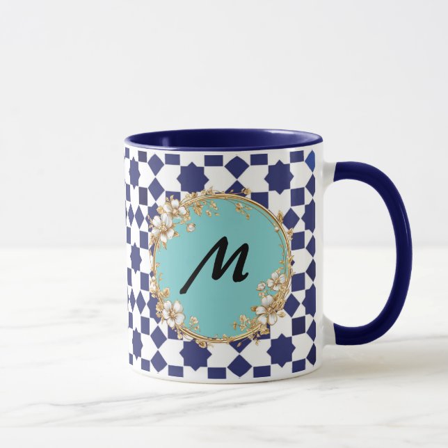 Blue Geometric Pattern Mug with Gold Floral Circle Tasse (Rechts)