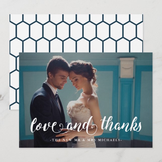 Blue Geometric Print Wedding Vielen Dank Foto Dankeskarte (Vorne/Hinten)