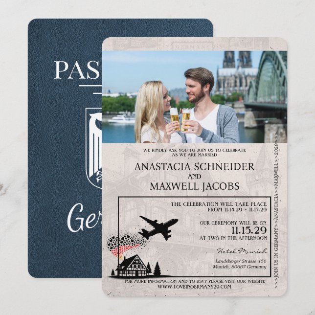 Blue Germany Passport Wedding Einladung (Vorne/Hinten)