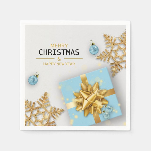 Blue Geschenkboxen Christmas Balls Gold Snowflakes Serviette (Vorderseite)