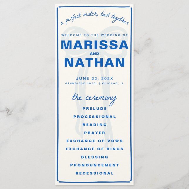 Blue Gezeichnet Together Bow Wedding Program Programm (Vorderseite)