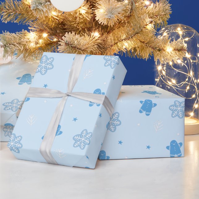 Blue Gingerbread Man Snowflakes Weihnachtsmuster Geschenkpapier (Feiertage)