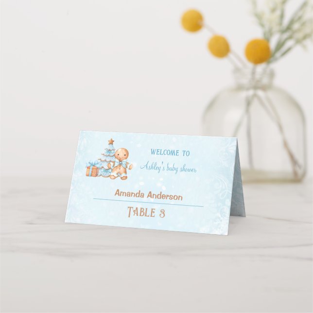 Blue Gingerbrot Boy Christmas Baby Shower Zent Platzkarte (Vorderseite)