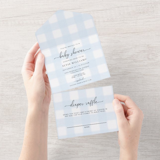 Blue Gingham All in One Baby Dusche Einladung (Abreißen)