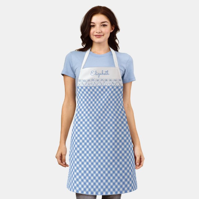 Blue Gingham All-Over Print Schürze (Getragen)