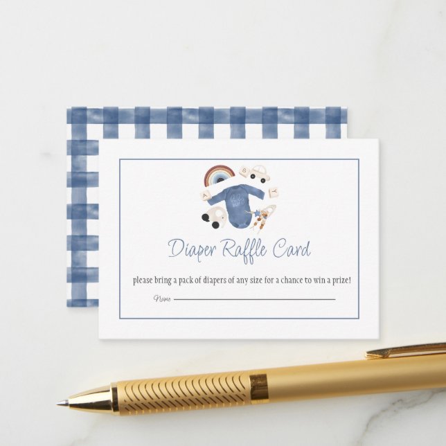 Blue Gingham and Toys Baby Boy Diaper Raffle Card Begleitkarte (Vorderseite/Rückseite Beispiel)