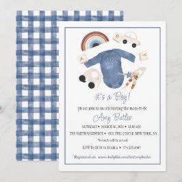 Blue Gingham and Toys Baby Boy Shower Invitation Einladung