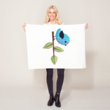 Blue Gingham Baby Bird mit Stickerei Blätter