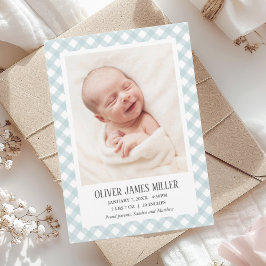 Blue Gingham Baby Birth Announcement Foto Card Ankündigung