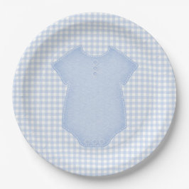 Blue Gingham Baby Boy Bodysuit Baby Dusche Pappteller