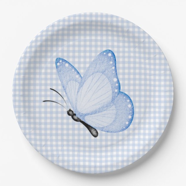 Blue Gingham Baby Boy Butterfly Baby Dusche Pappteller (Vorderseite)