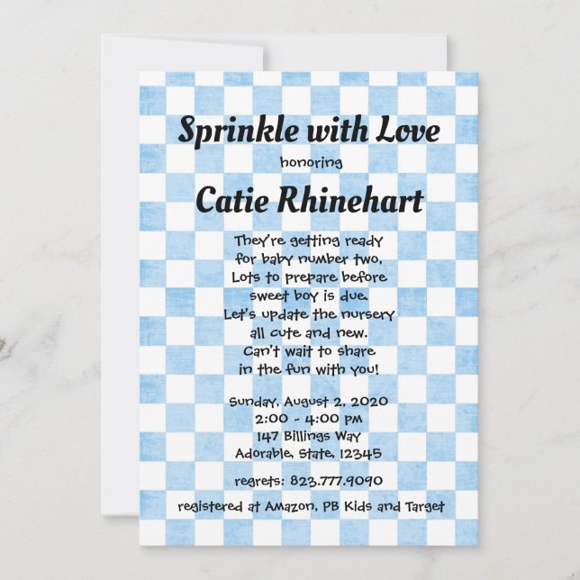 Blue Gingham Baby Boy Dusche Sprinkle Einladung (Vorderseite)