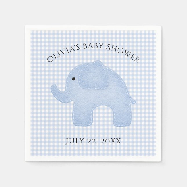 Blue Gingham Baby Boy Elephant Baby Showpaper Serviette (Vorderseite)
