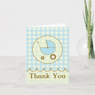 Blue Gingham Baby Carriage Dankeschön Card Dankeskarte