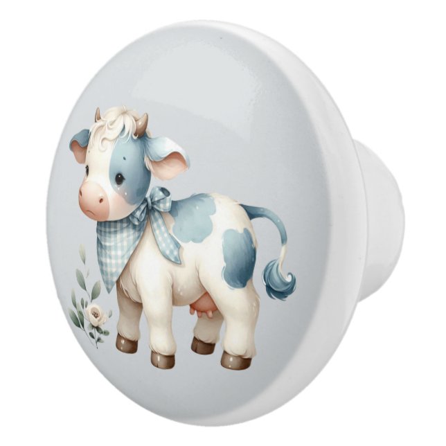 Blue Gingham Baby Cow Pastel Farm Aesthetic Keramikknauf (Rechts)