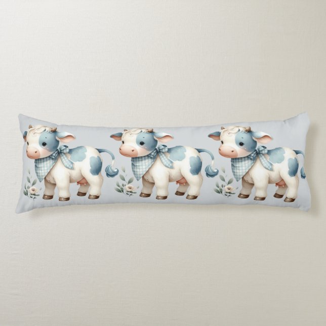 Blue Gingham Baby Cow Pastel Farm Aesthetic Seitenschläferkissen (Vorderseite)