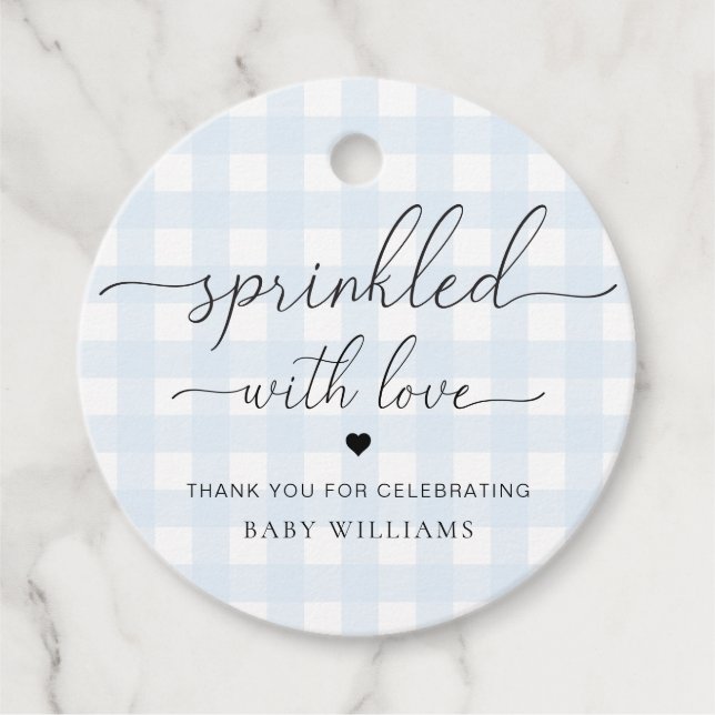 Blue Gingham Baby Dusche gesprinklt mit Liebe Geschenkanhänger (Vorderseite)