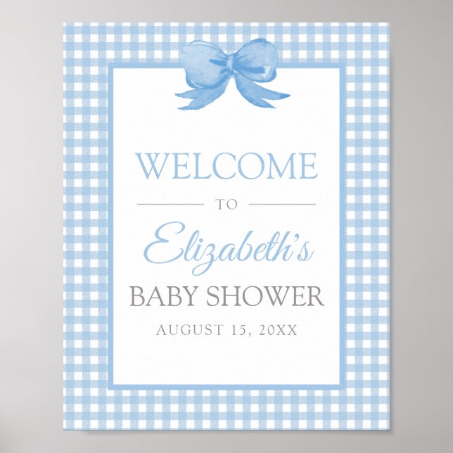 Blue Gingham Baby Dusche Willkommenspender Poster (Vorne)