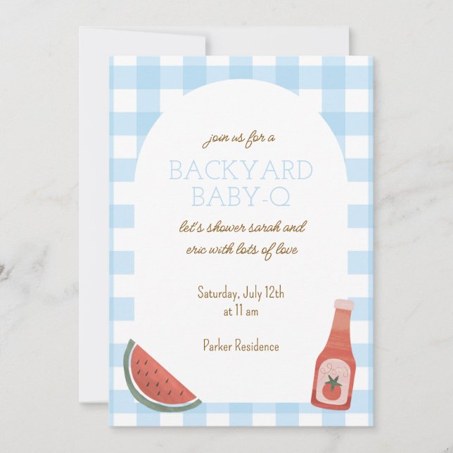 Blue Gingham Baby-Q Baby Shower Invitation (Devant)